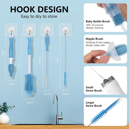 Silicone Bottle Brush Set, Baby Bottle Cleaning Kit with Silicone Brush, Nipple & Straw Brush - BPA-Free Dishwasher Safe Portable Bottle Cleaner