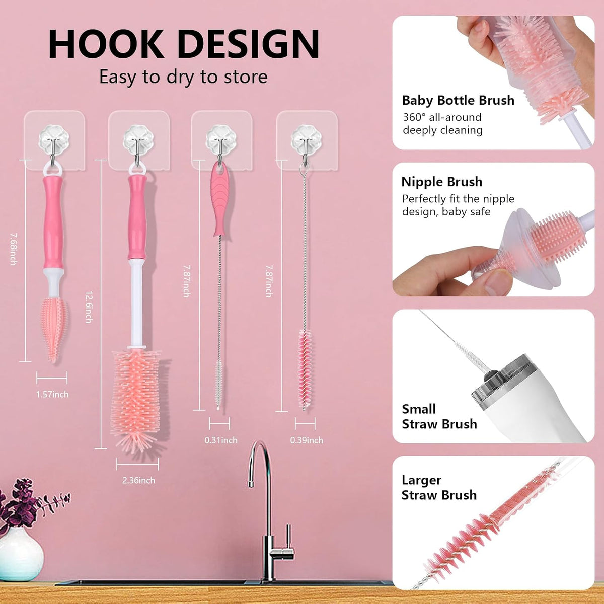 Silicone Bottle Brush Set, Baby Bottle Cleaning Kit with Silicone Brush, Nipple & Straw Brush - BPA-Free Dishwasher Safe Portable Bottle Cleaner