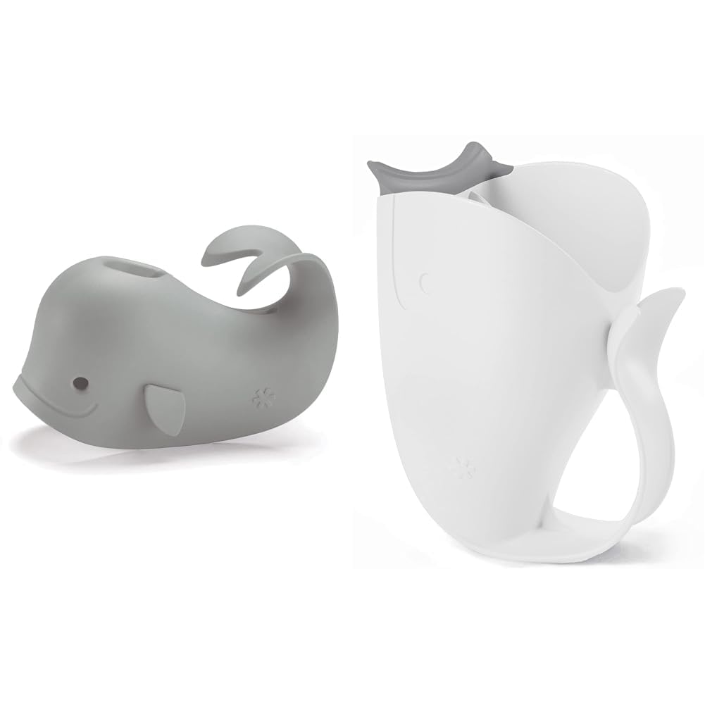 Moby Grey Whale Bath Spout Cover and Waterfall Rinse Cup Bundle