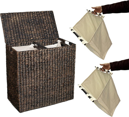Water Hyacinth Laundry Hamper Divided Interior (Espresso) | Eco-Friendly | Made of Hand Woven Hyacinth Fibers | Includes Two Removable Cotton Liners Bag | Wicker Laundry Basket with Lid