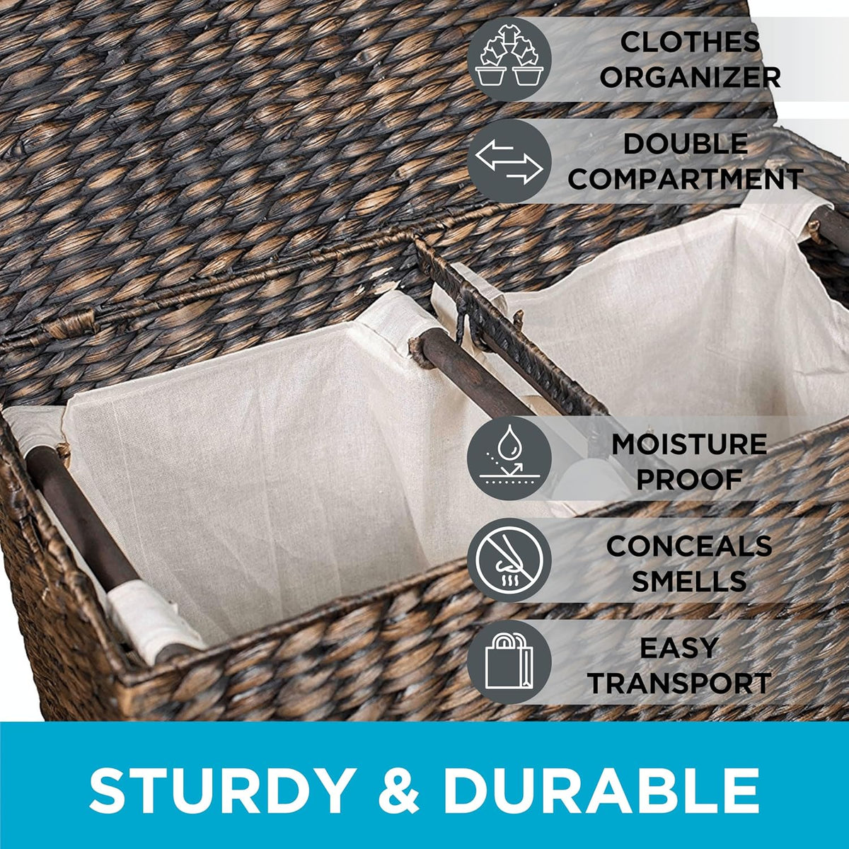Water Hyacinth Laundry Hamper Divided Interior (Espresso) | Eco-Friendly | Made of Hand Woven Hyacinth Fibers | Includes Two Removable Cotton Liners Bag | Wicker Laundry Basket with Lid
