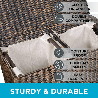 Water Hyacinth Laundry Hamper Divided Interior (Espresso) | Eco-Friendly | Made of Hand Woven Hyacinth Fibers | Includes Two Removable Cotton Liners Bag | Wicker Laundry Basket with Lid
