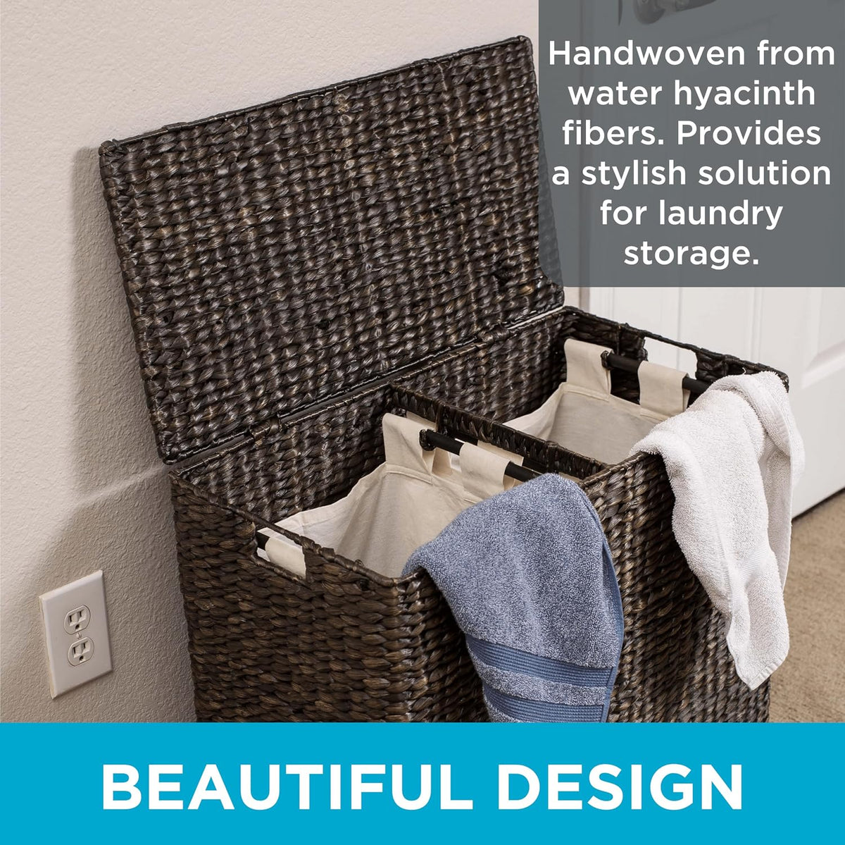 Water Hyacinth Laundry Hamper Divided Interior (Espresso) | Eco-Friendly | Made of Hand Woven Hyacinth Fibers | Includes Two Removable Cotton Liners Bag | Wicker Laundry Basket with Lid