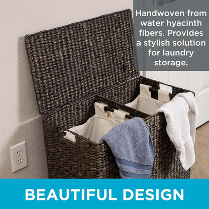 Water Hyacinth Laundry Hamper Divided Interior (Espresso) | Eco-Friendly | Made of Hand Woven Hyacinth Fibers | Includes Two Removable Cotton Liners Bag | Wicker Laundry Basket with Lid