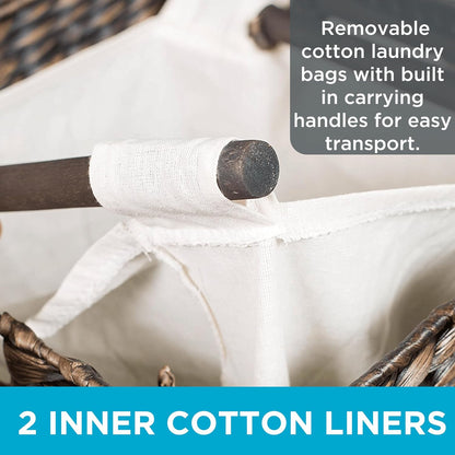Water Hyacinth Laundry Hamper Divided Interior (Espresso) | Eco-Friendly | Made of Hand Woven Hyacinth Fibers | Includes Two Removable Cotton Liners Bag | Wicker Laundry Basket with Lid