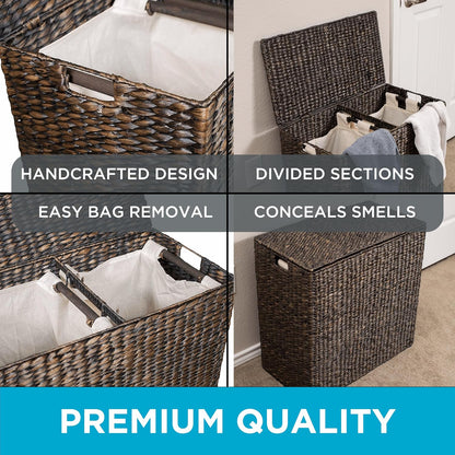 Water Hyacinth Laundry Hamper Divided Interior (Espresso) | Eco-Friendly | Made of Hand Woven Hyacinth Fibers | Includes Two Removable Cotton Liners Bag | Wicker Laundry Basket with Lid