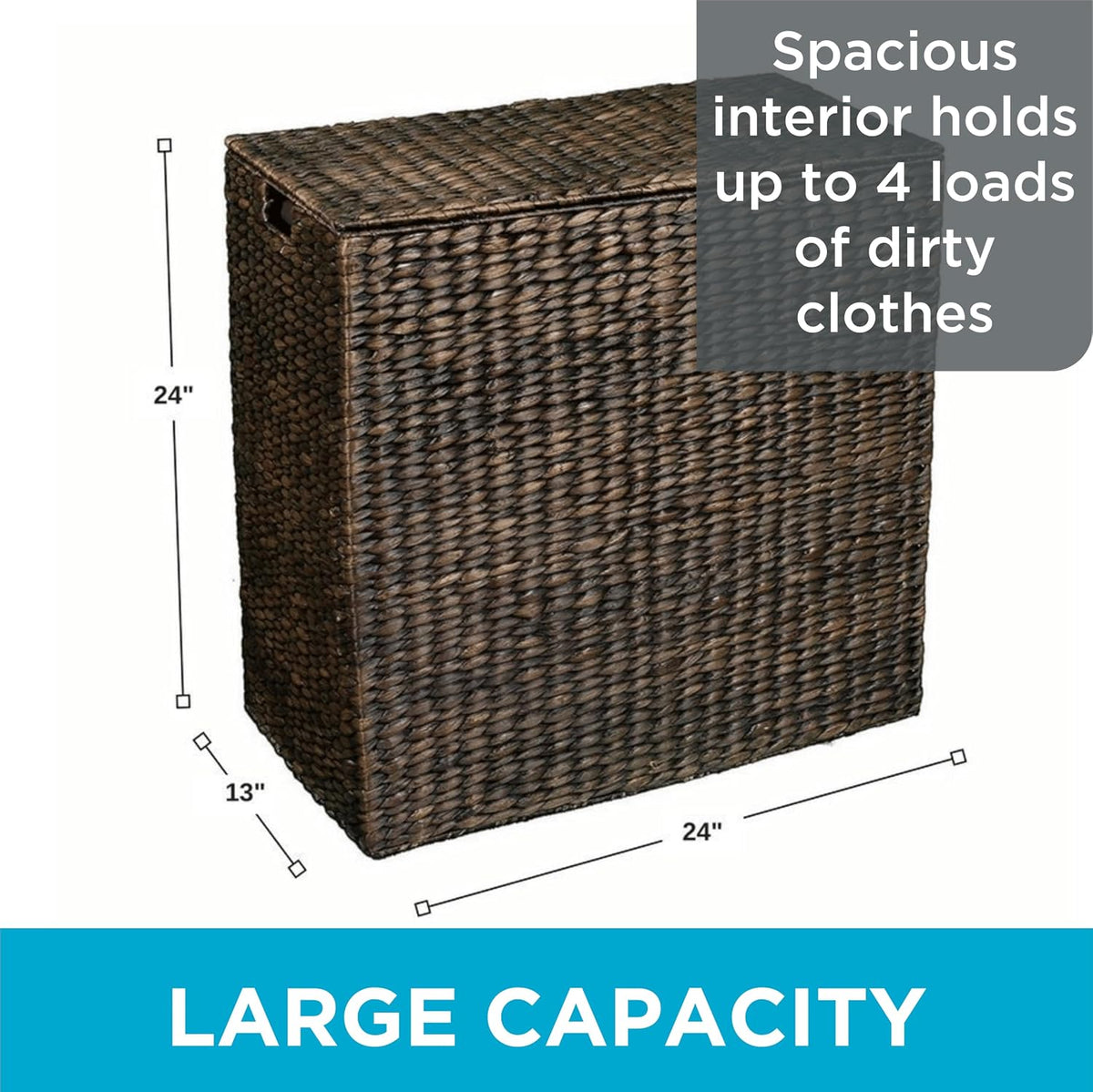 Water Hyacinth Laundry Hamper Divided Interior (Espresso) | Eco-Friendly | Made of Hand Woven Hyacinth Fibers | Includes Two Removable Cotton Liners Bag | Wicker Laundry Basket with Lid