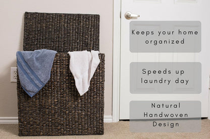 Water Hyacinth Laundry Hamper Divided Interior (Espresso) | Eco-Friendly | Made of Hand Woven Hyacinth Fibers | Includes Two Removable Cotton Liners Bag | Wicker Laundry Basket with Lid