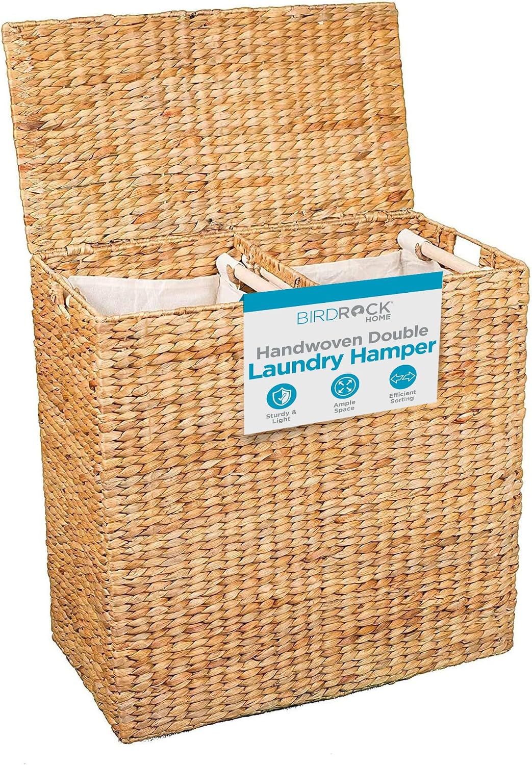 Water Hyacinth Laundry Hamper Divided Interior (Espresso) | Eco-Friendly | Made of Hand Woven Hyacinth Fibers | Includes Two Removable Cotton Liners Bag | Wicker Laundry Basket with Lid