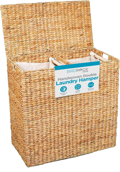 Water Hyacinth Laundry Hamper Divided Interior (Espresso) | Eco-Friendly | Made of Hand Woven Hyacinth Fibers | Includes Two Removable Cotton Liners Bag | Wicker Laundry Basket with Lid