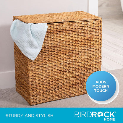 Water Hyacinth Laundry Hamper Divided Interior (Espresso) | Eco-Friendly | Made of Hand Woven Hyacinth Fibers | Includes Two Removable Cotton Liners Bag | Wicker Laundry Basket with Lid