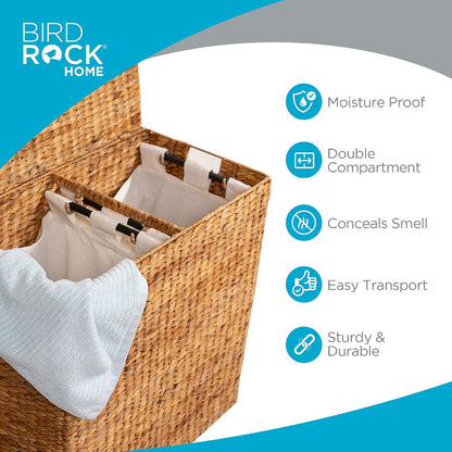 Water Hyacinth Laundry Hamper Divided Interior (Espresso) | Eco-Friendly | Made of Hand Woven Hyacinth Fibers | Includes Two Removable Cotton Liners Bag | Wicker Laundry Basket with Lid