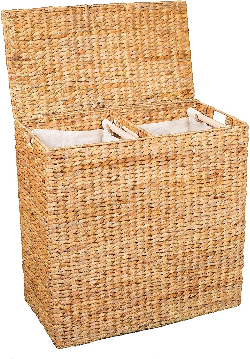 Water Hyacinth Laundry Hamper Divided Interior (Espresso) | Eco-Friendly | Made of Hand Woven Hyacinth Fibers | Includes Two Removable Cotton Liners Bag | Wicker Laundry Basket with Lid