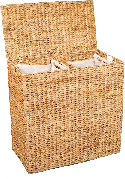 Water Hyacinth Laundry Hamper Divided Interior (Espresso) | Eco-Friendly | Made of Hand Woven Hyacinth Fibers | Includes Two Removable Cotton Liners Bag | Wicker Laundry Basket with Lid