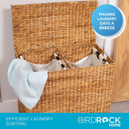 Water Hyacinth Laundry Hamper Divided Interior (Espresso) | Eco-Friendly | Made of Hand Woven Hyacinth Fibers | Includes Two Removable Cotton Liners Bag | Wicker Laundry Basket with Lid