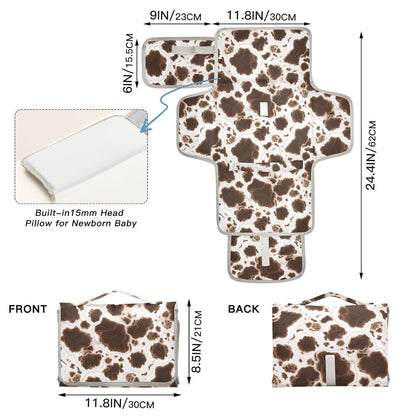 Portable Changing Pad for Baby - Black Cow Travel Diaper Changing Pad Waterproof Changing Mat with Built-in Pillow - Baby Shower Gifts