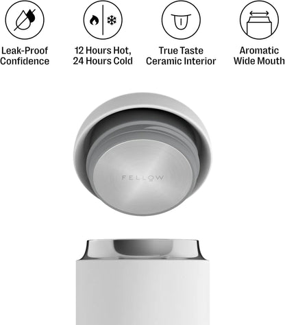 Carter Wide 12 oz Ceramic Lined Travel Coffee Mug, Tea & Espresso | No Metallic Taste, Leak-Proof Lid, Dishwasher Safe, Hot 12Hr Cold 24Hr, Coffee Tumbler, BPA-Free Stainless Steel, Stone Blue