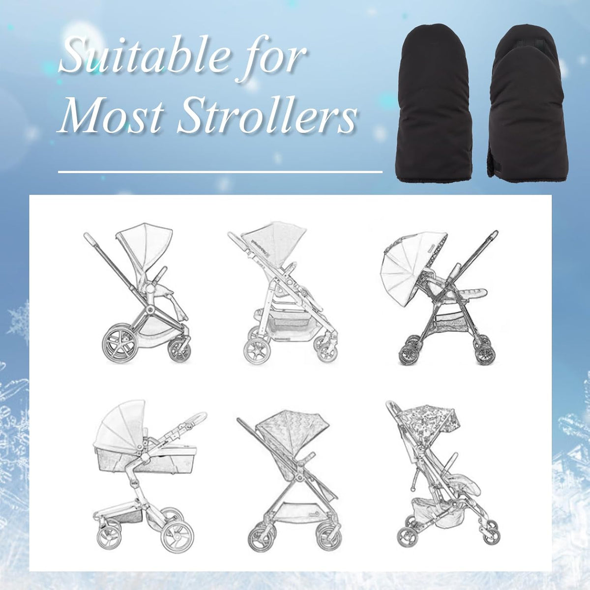 Stroller Gloves Universal Winter Anti-Freeze Stroller Mittens Water Repellent Hand Warmer Muff Fleece Lined,Winter Stroller Accessories (Black)