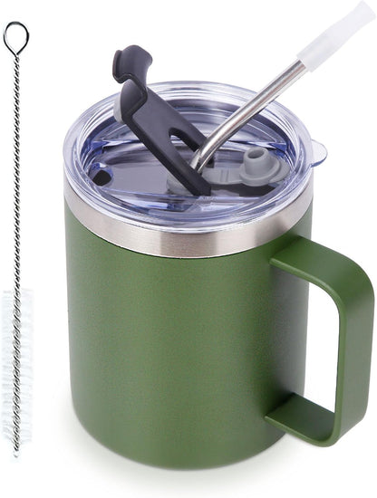 Volhoply 12oz Insulated Leakproof Coffee Mug with Flip & Straw Lid,Double Wall Vacuum Stainless Steel Travel Cafe Tumbler Cup with Handle,Reusable Camping Mugs Keep Cold/Hot(White,1 Set)