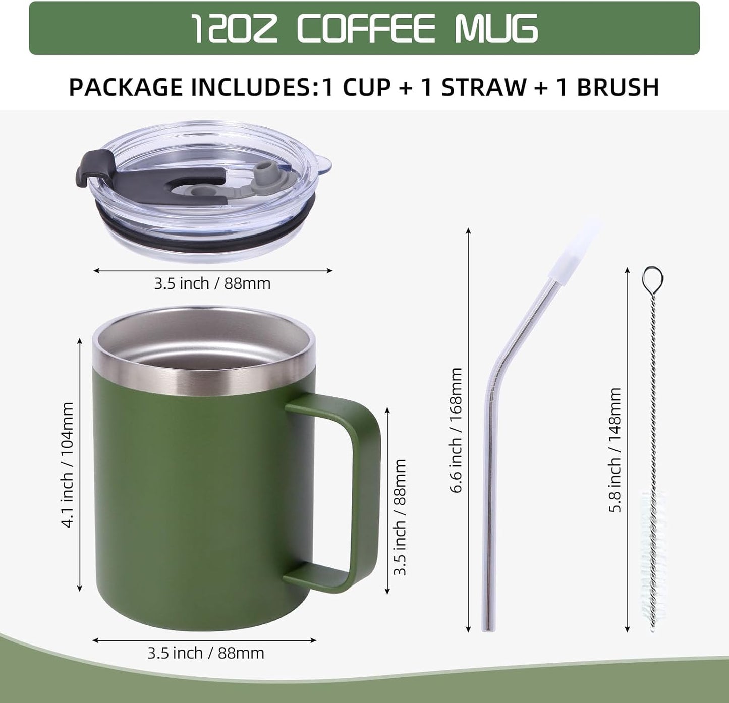 Volhoply 12oz Insulated Leakproof Coffee Mug with Flip & Straw Lid,Double Wall Vacuum Stainless Steel Travel Cafe Tumbler Cup with Handle,Reusable Camping Mugs Keep Cold/Hot(White,1 Set)