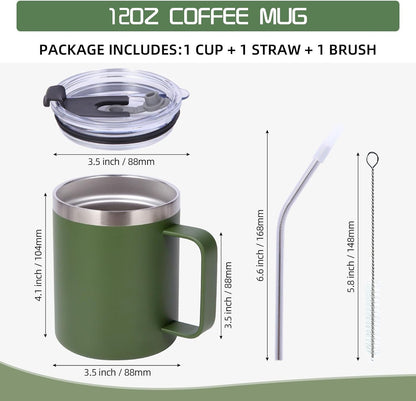 Volhoply 12oz Insulated Leakproof Coffee Mug with Flip & Straw Lid,Double Wall Vacuum Stainless Steel Travel Cafe Tumbler Cup with Handle,Reusable Camping Mugs Keep Cold/Hot(White,1 Set)