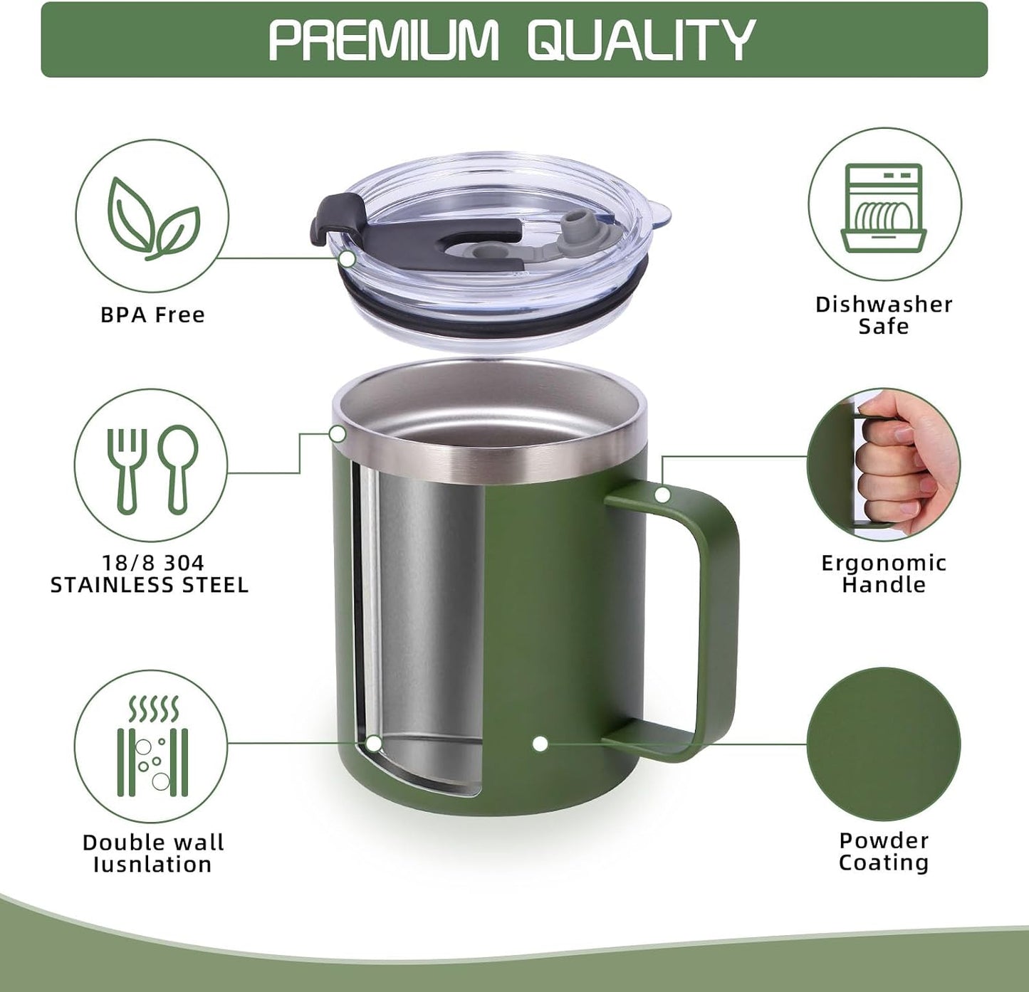 Volhoply 12oz Insulated Leakproof Coffee Mug with Flip & Straw Lid,Double Wall Vacuum Stainless Steel Travel Cafe Tumbler Cup with Handle,Reusable Camping Mugs Keep Cold/Hot(White,1 Set)
