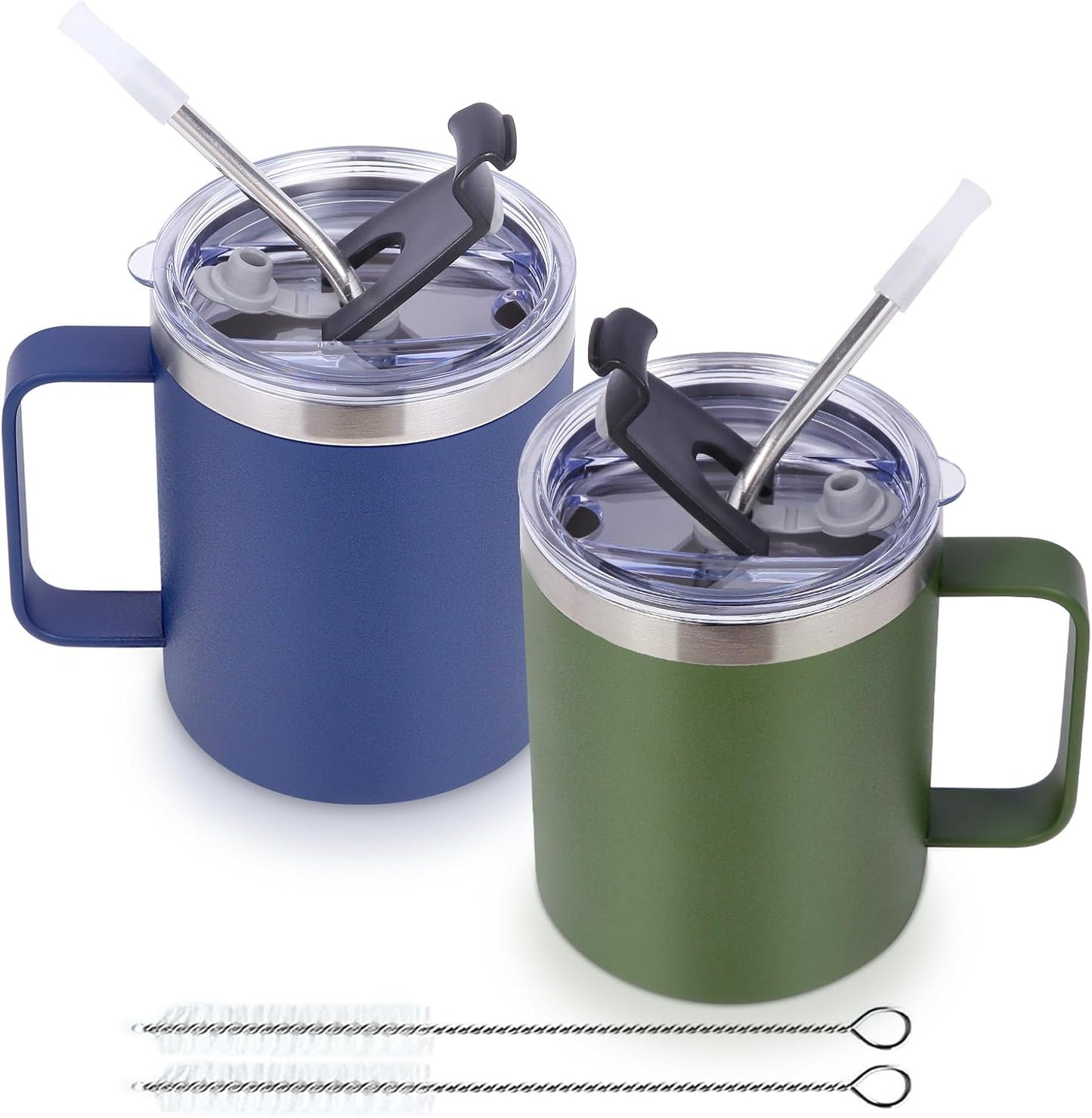 Volhoply 12oz Insulated Leakproof Coffee Mug with Flip & Straw Lid,Double Wall Vacuum Stainless Steel Travel Cafe Tumbler Cup with Handle,Reusable Camping Mugs Keep Cold/Hot(White,1 Set)