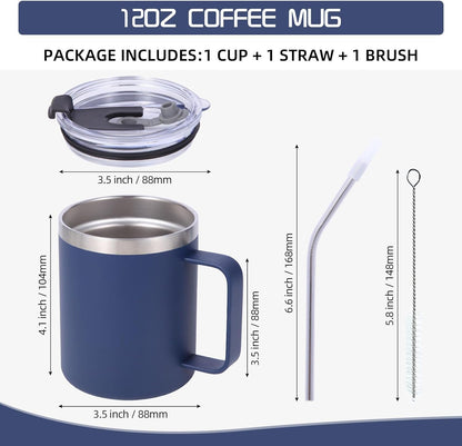 Volhoply 12oz Insulated Leakproof Coffee Mug with Flip & Straw Lid,Double Wall Vacuum Stainless Steel Travel Cafe Tumbler Cup with Handle,Reusable Camping Mugs Keep Cold/Hot(White,1 Set)