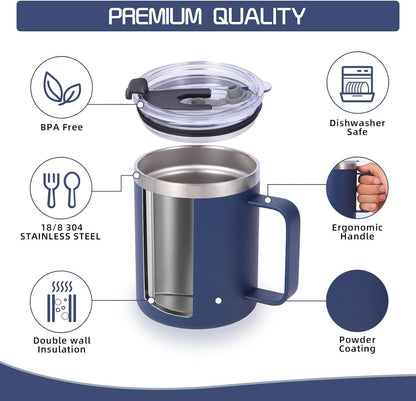 Volhoply 12oz Insulated Leakproof Coffee Mug with Flip & Straw Lid,Double Wall Vacuum Stainless Steel Travel Cafe Tumbler Cup with Handle,Reusable Camping Mugs Keep Cold/Hot(White,1 Set)