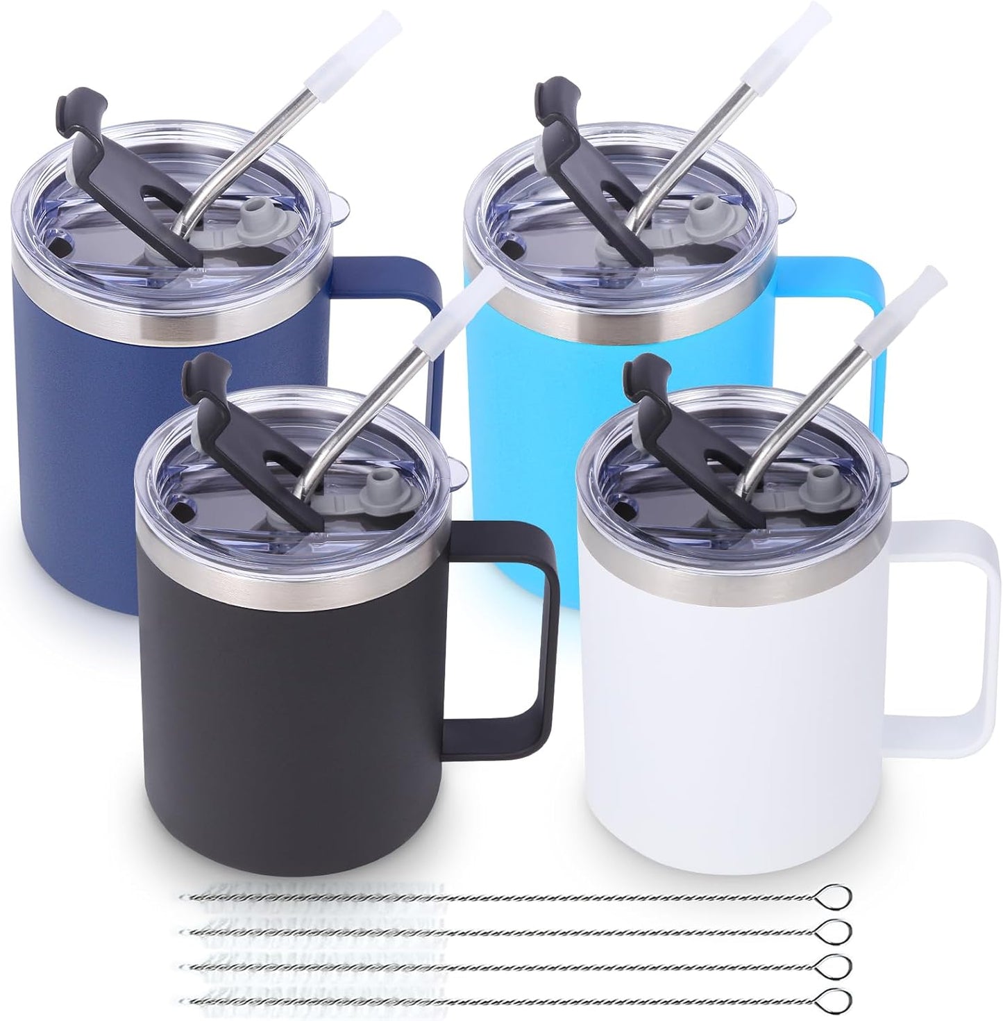 Volhoply 12oz Insulated Leakproof Coffee Mug with Flip & Straw Lid,Double Wall Vacuum Stainless Steel Travel Cafe Tumbler Cup with Handle,Reusable Camping Mugs Keep Cold/Hot(White,1 Set)