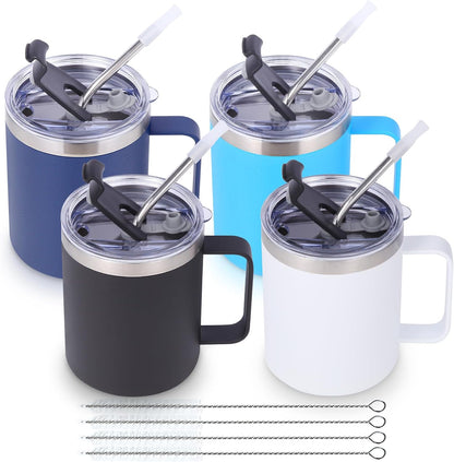 Volhoply 12oz Insulated Leakproof Coffee Mug with Flip & Straw Lid,Double Wall Vacuum Stainless Steel Travel Cafe Tumbler Cup with Handle,Reusable Camping Mugs Keep Cold/Hot(White,1 Set)