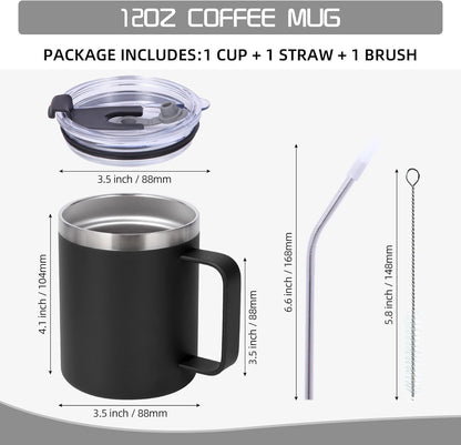 Volhoply 12oz Insulated Leakproof Coffee Mug with Flip & Straw Lid,Double Wall Vacuum Stainless Steel Travel Cafe Tumbler Cup with Handle,Reusable Camping Mugs Keep Cold/Hot(White,1 Set)