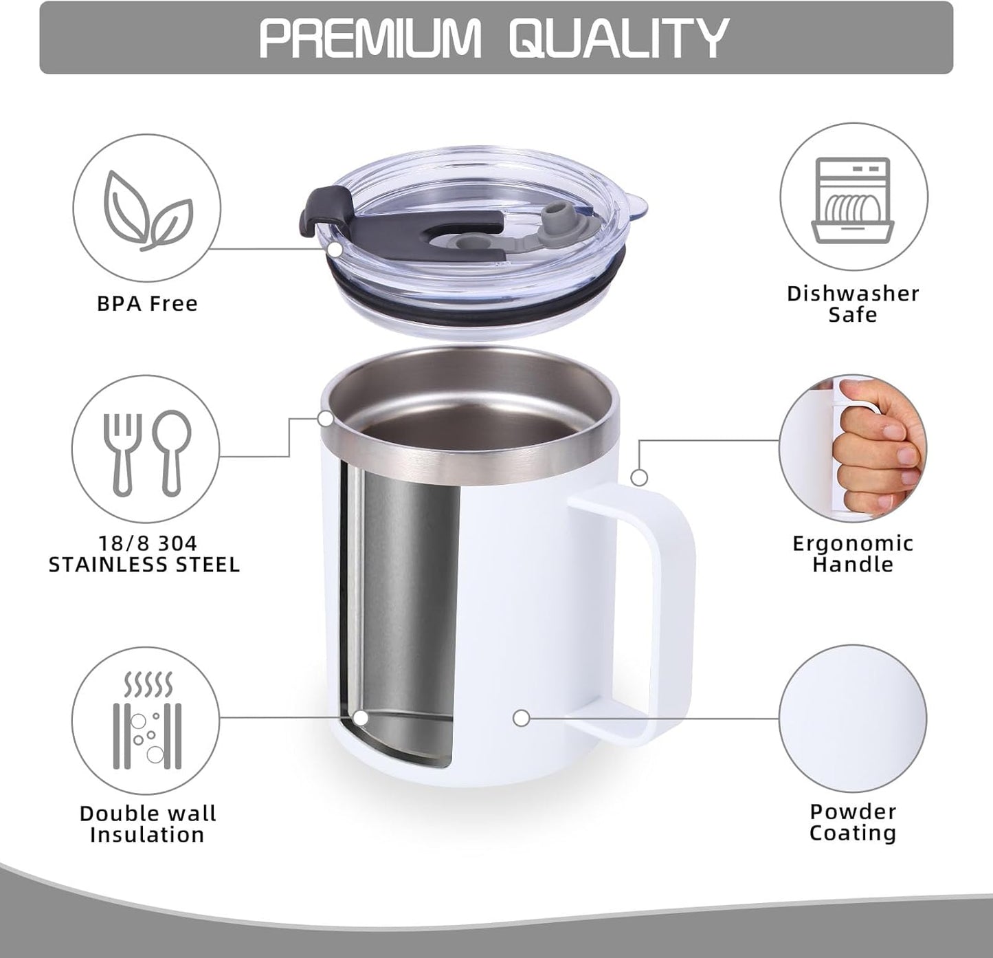 Volhoply 12oz Insulated Leakproof Coffee Mug with Flip & Straw Lid,Double Wall Vacuum Stainless Steel Travel Cafe Tumbler Cup with Handle,Reusable Camping Mugs Keep Cold/Hot(White,1 Set)
