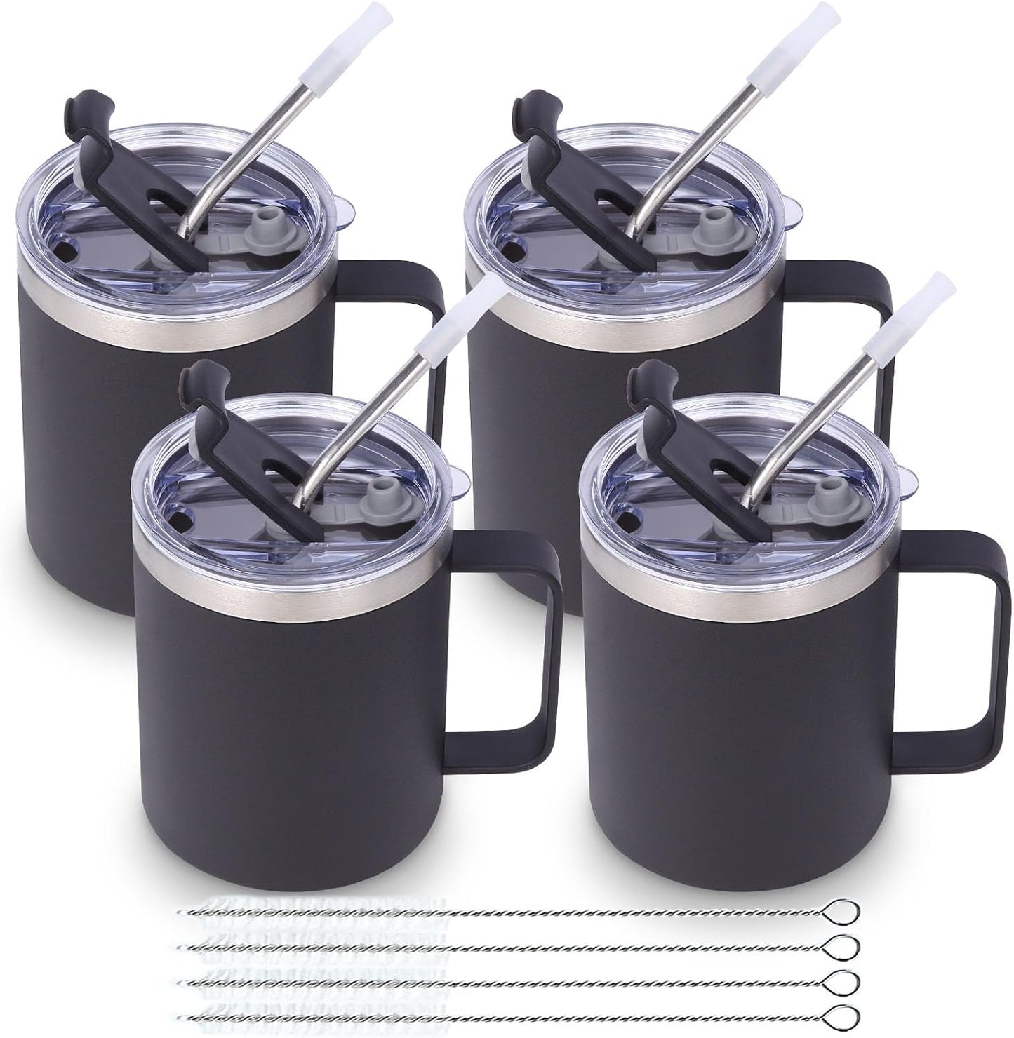Volhoply 12oz Insulated Leakproof Coffee Mug with Flip & Straw Lid,Double Wall Vacuum Stainless Steel Travel Cafe Tumbler Cup with Handle,Reusable Camping Mugs Keep Cold/Hot(White,1 Set)