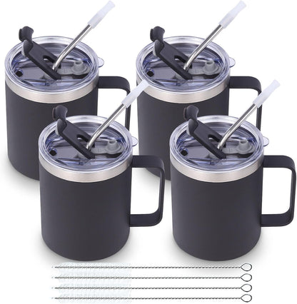 Volhoply 12oz Insulated Leakproof Coffee Mug with Flip & Straw Lid,Double Wall Vacuum Stainless Steel Travel Cafe Tumbler Cup with Handle,Reusable Camping Mugs Keep Cold/Hot(White,1 Set)