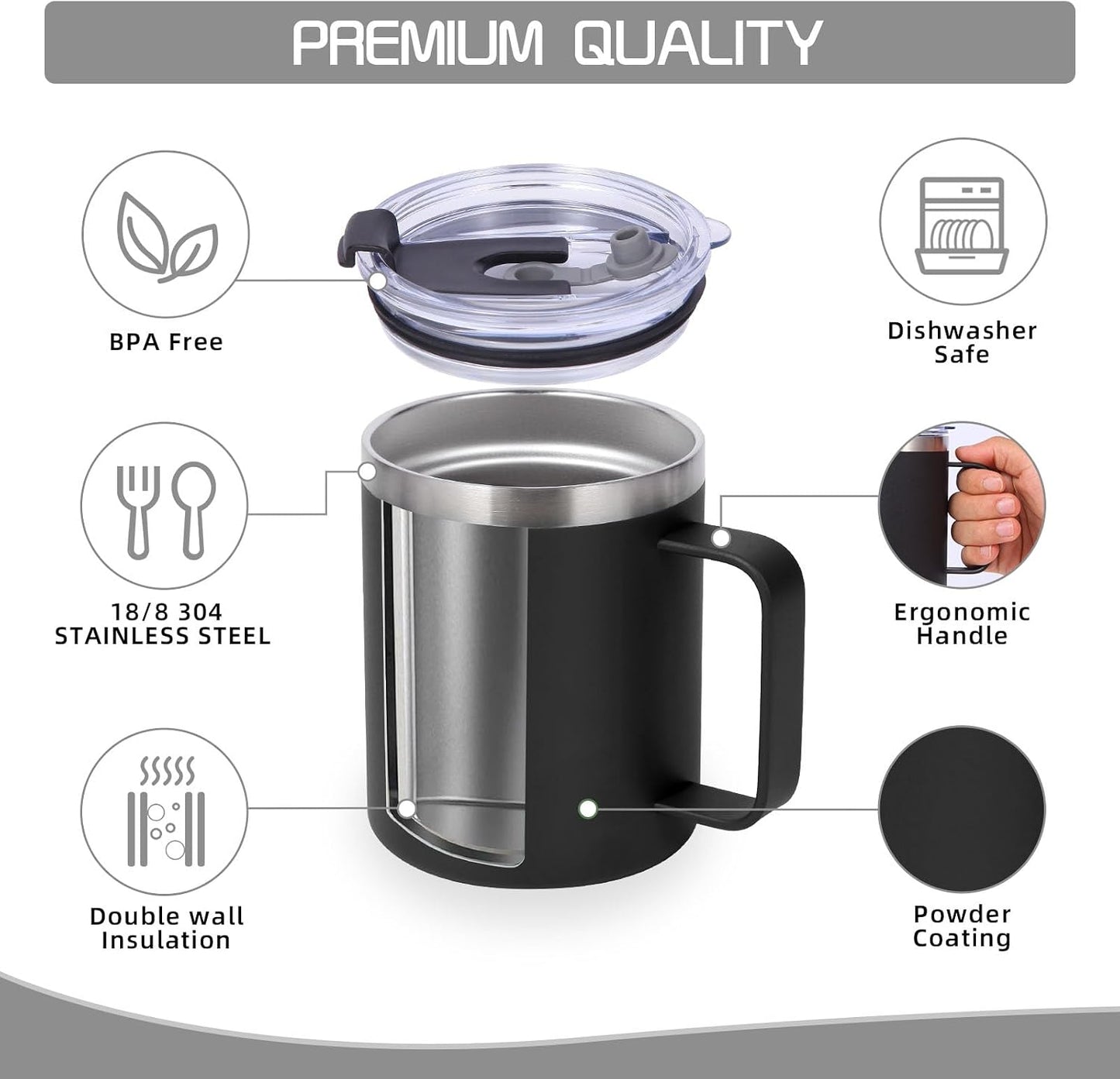 Volhoply 12oz Insulated Leakproof Coffee Mug with Flip & Straw Lid,Double Wall Vacuum Stainless Steel Travel Cafe Tumbler Cup with Handle,Reusable Camping Mugs Keep Cold/Hot(White,1 Set)
