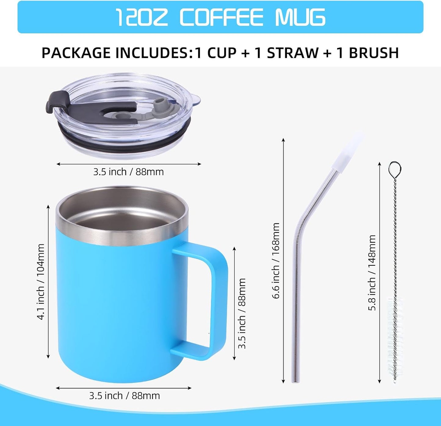 Volhoply 12oz Insulated Leakproof Coffee Mug with Flip & Straw Lid,Double Wall Vacuum Stainless Steel Travel Cafe Tumbler Cup with Handle,Reusable Camping Mugs Keep Cold/Hot(White,1 Set)