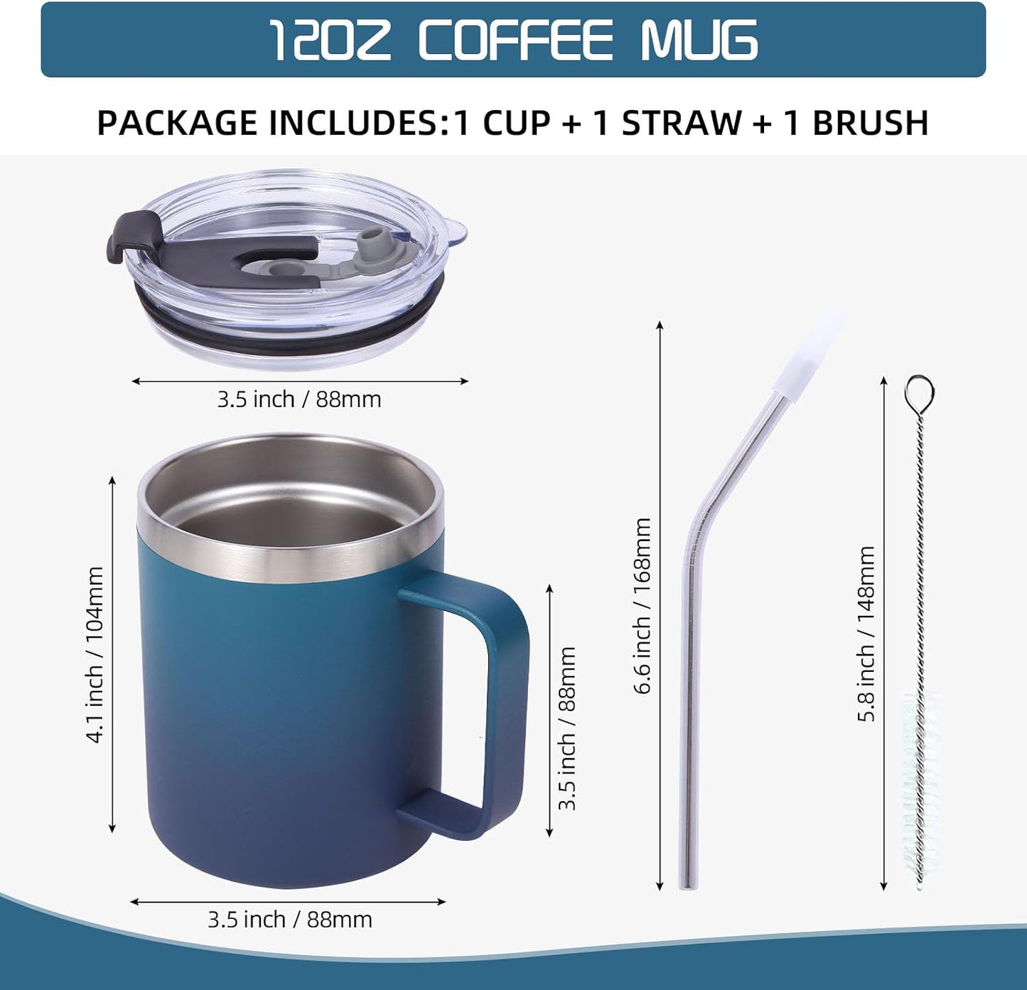 Volhoply 12oz Insulated Leakproof Coffee Mug with Flip & Straw Lid,Double Wall Vacuum Stainless Steel Travel Cafe Tumbler Cup with Handle,Reusable Camping Mugs Keep Cold/Hot(White,1 Set)