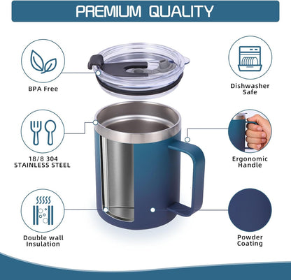 Volhoply 12oz Insulated Leakproof Coffee Mug with Flip & Straw Lid,Double Wall Vacuum Stainless Steel Travel Cafe Tumbler Cup with Handle,Reusable Camping Mugs Keep Cold/Hot(White,1 Set)