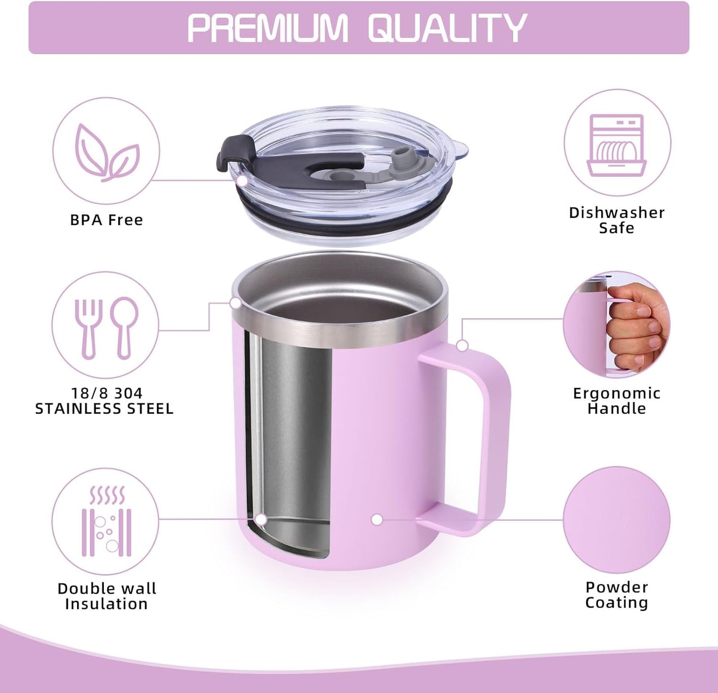 Volhoply 12oz Insulated Leakproof Coffee Mug with Flip & Straw Lid,Double Wall Vacuum Stainless Steel Travel Cafe Tumbler Cup with Handle,Reusable Camping Mugs Keep Cold/Hot(White,1 Set)