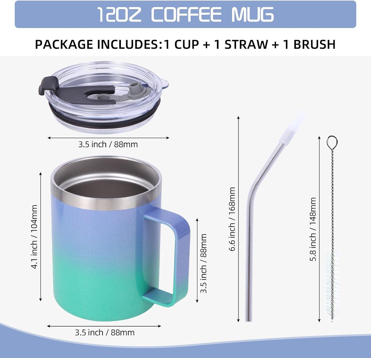Volhoply 12oz Insulated Leakproof Coffee Mug with Flip & Straw Lid,Double Wall Vacuum Stainless Steel Travel Cafe Tumbler Cup with Handle,Reusable Camping Mugs Keep Cold/Hot(White,1 Set)