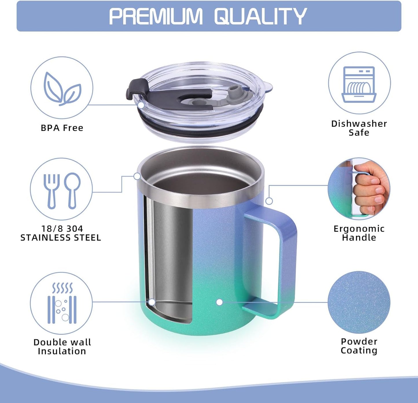 Volhoply 12oz Insulated Leakproof Coffee Mug with Flip & Straw Lid,Double Wall Vacuum Stainless Steel Travel Cafe Tumbler Cup with Handle,Reusable Camping Mugs Keep Cold/Hot(White,1 Set)