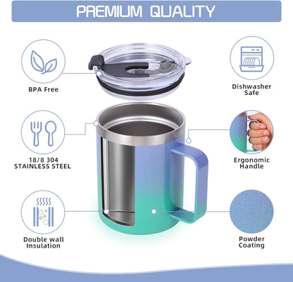 Volhoply 12oz Insulated Leakproof Coffee Mug with Flip & Straw Lid,Double Wall Vacuum Stainless Steel Travel Cafe Tumbler Cup with Handle,Reusable Camping Mugs Keep Cold/Hot(White,1 Set)