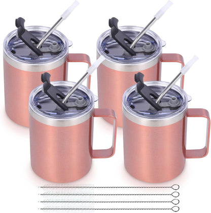 Volhoply 12oz Insulated Leakproof Coffee Mug with Flip & Straw Lid,Double Wall Vacuum Stainless Steel Travel Cafe Tumbler Cup with Handle,Reusable Camping Mugs Keep Cold/Hot(White,1 Set)