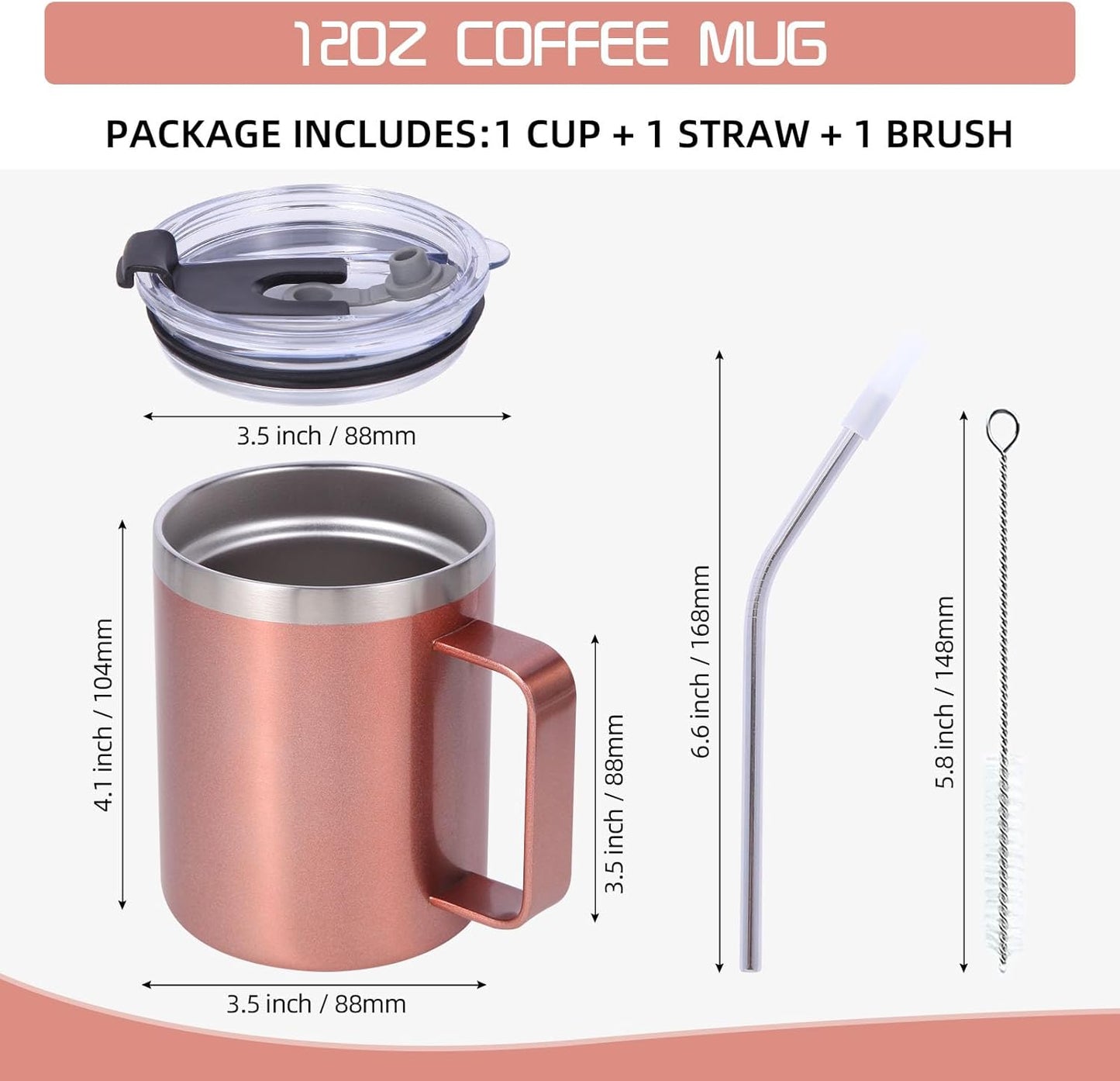 Volhoply 12oz Insulated Leakproof Coffee Mug with Flip & Straw Lid,Double Wall Vacuum Stainless Steel Travel Cafe Tumbler Cup with Handle,Reusable Camping Mugs Keep Cold/Hot(White,1 Set)