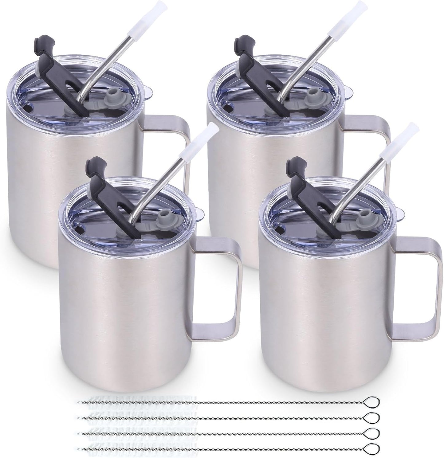 Volhoply 12oz Insulated Leakproof Coffee Mug with Flip & Straw Lid,Double Wall Vacuum Stainless Steel Travel Cafe Tumbler Cup with Handle,Reusable Camping Mugs Keep Cold/Hot(White,1 Set)
