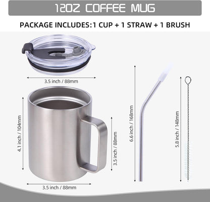 Volhoply 12oz Insulated Leakproof Coffee Mug with Flip & Straw Lid,Double Wall Vacuum Stainless Steel Travel Cafe Tumbler Cup with Handle,Reusable Camping Mugs Keep Cold/Hot(White,1 Set)