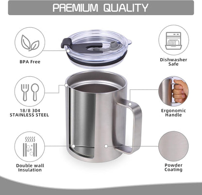 Volhoply 12oz Insulated Leakproof Coffee Mug with Flip & Straw Lid,Double Wall Vacuum Stainless Steel Travel Cafe Tumbler Cup with Handle,Reusable Camping Mugs Keep Cold/Hot(White,1 Set)