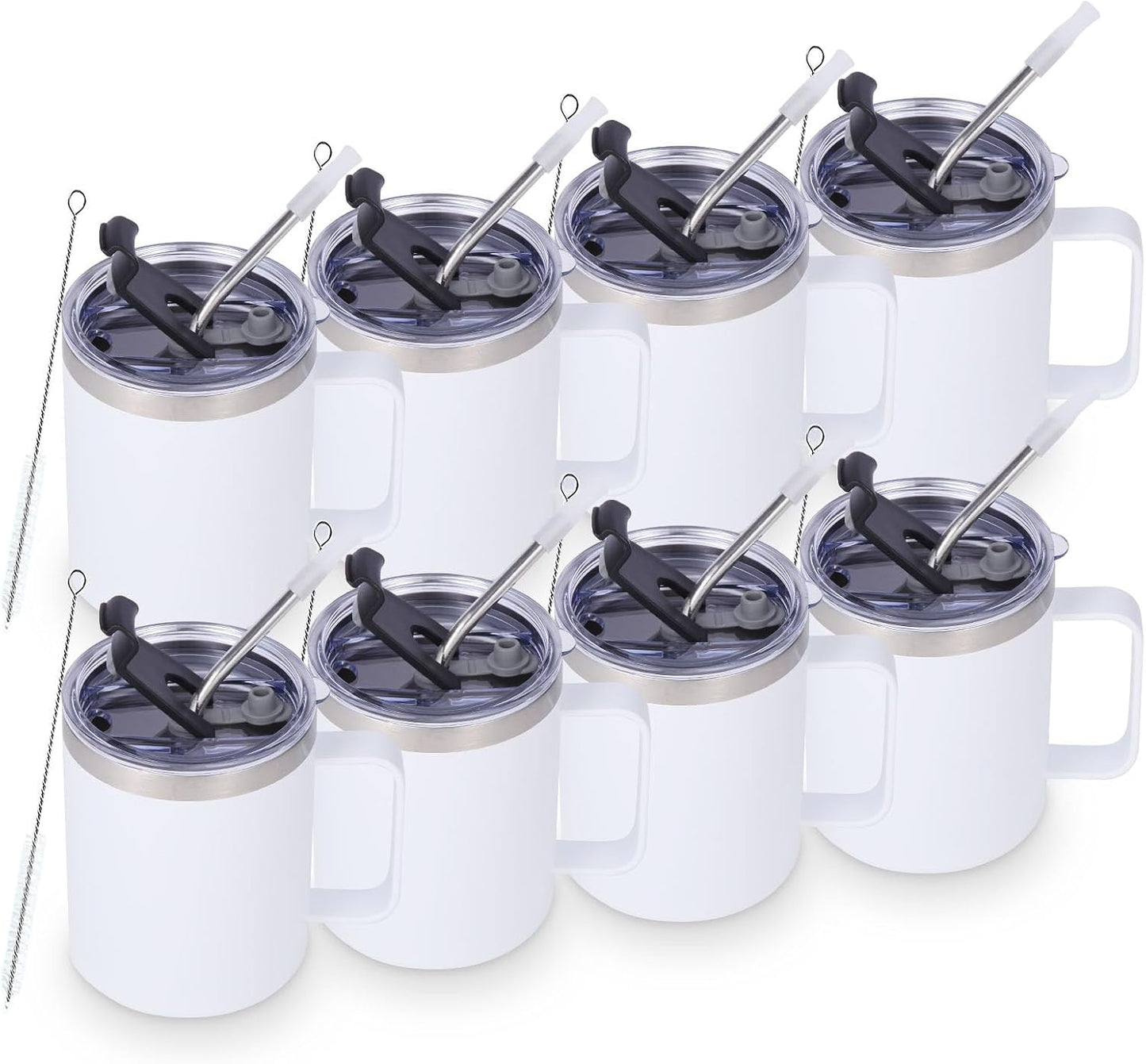 Volhoply 12oz Insulated Leakproof Coffee Mug with Flip & Straw Lid,Double Wall Vacuum Stainless Steel Travel Cafe Tumbler Cup with Handle,Reusable Camping Mugs Keep Cold/Hot(White,1 Set)