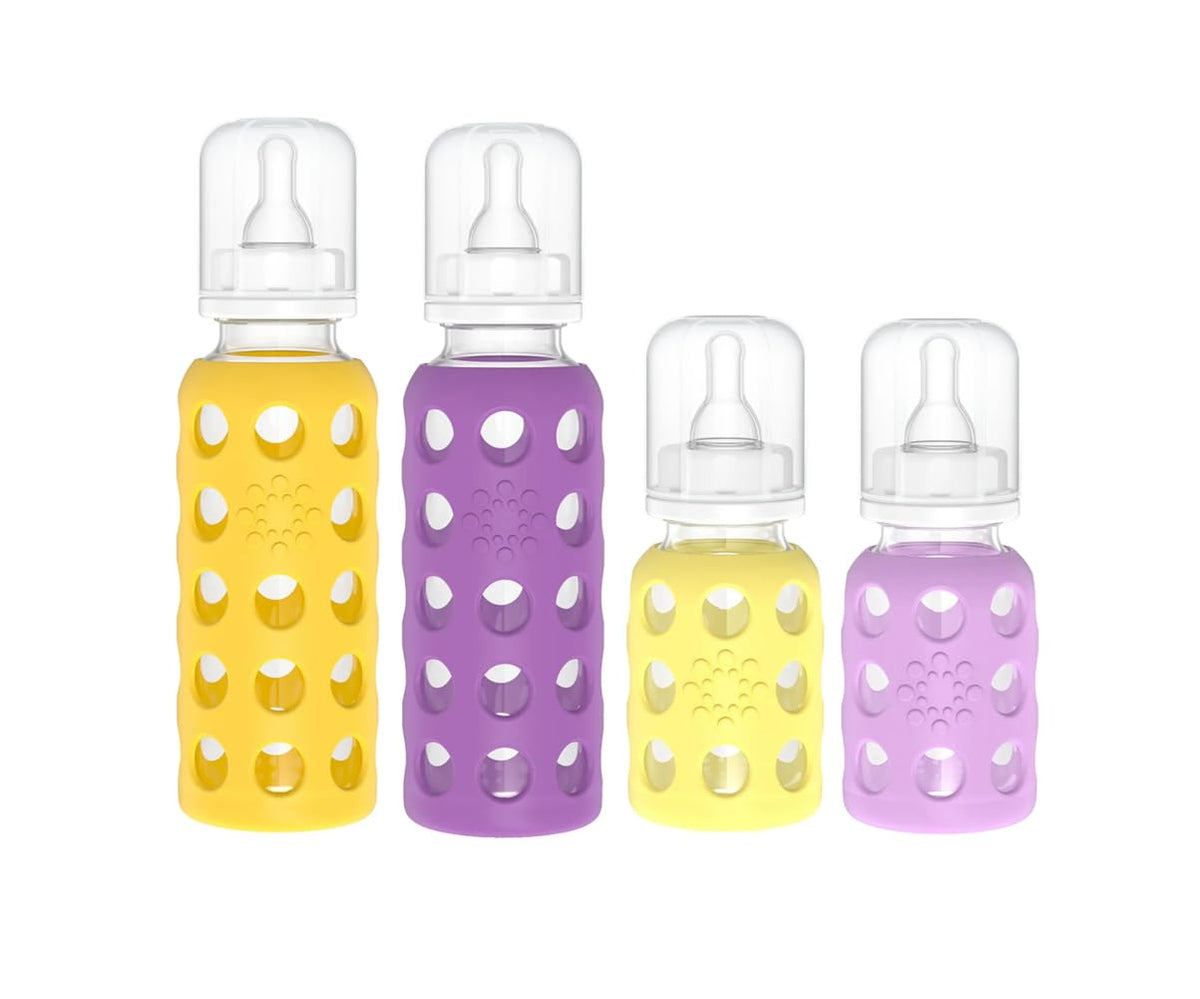 Glass Baby Bottle BPA Free | Protective Silicone Sleeve | 4 oz Pack of 2 | Cantaloupe, Banana - Colors B